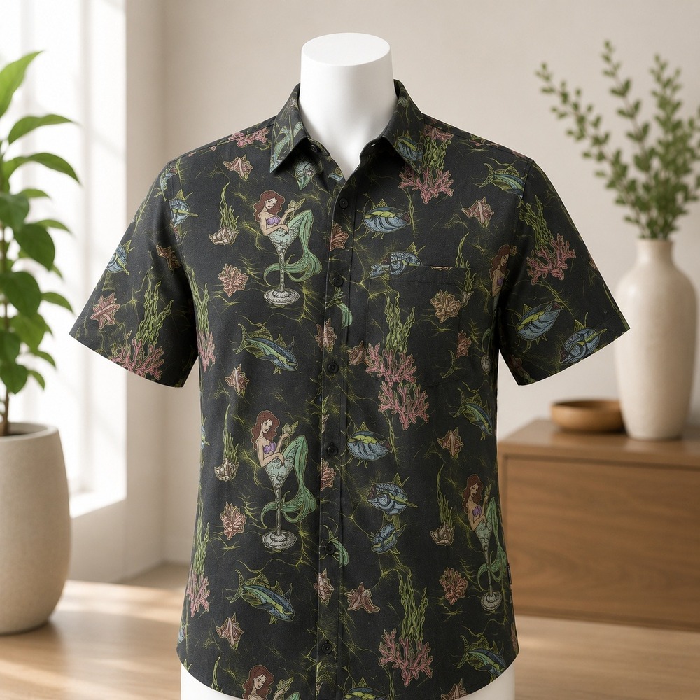 NWT‎ Psycho Tuna Mermaid Mixer Shirt Mens Small Black Mermaid Fish Print SS